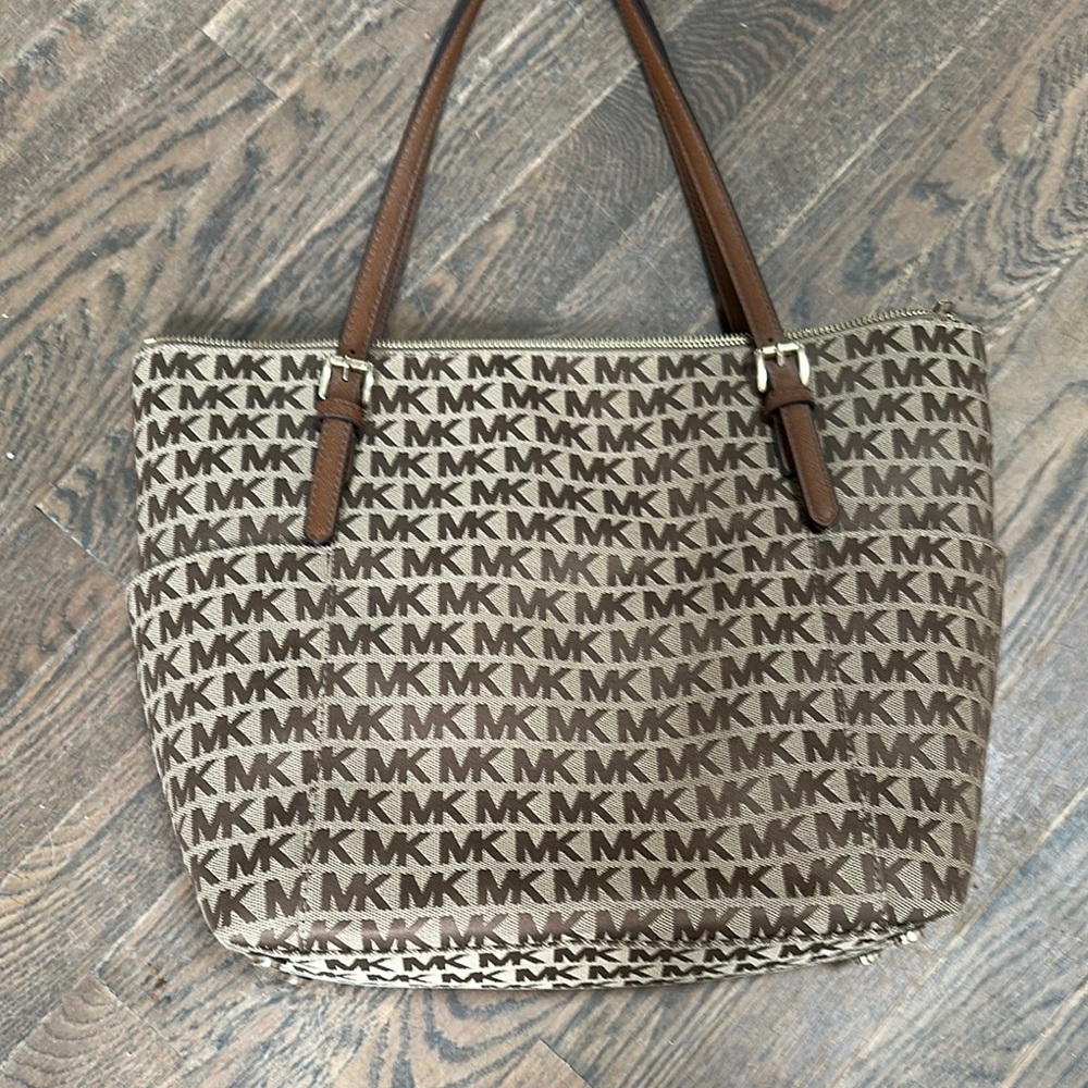 Michael Kors Brown Leather Tote Bag with Signature MK Pattern